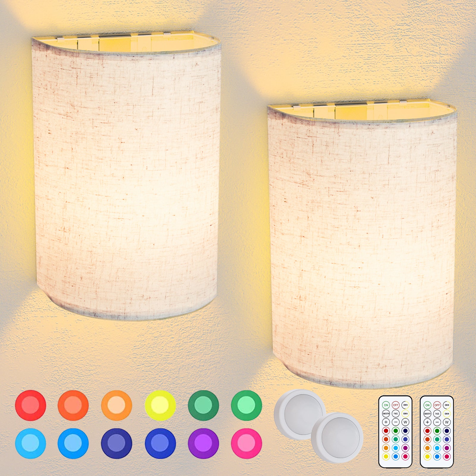 Battery Operated Wall Sconces Set of Two, Rechargeable Magnetic Wireless Sconces Linen Fabric Wall Lighting,