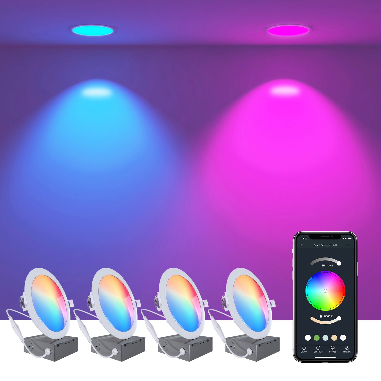 Smart Recessed Lighting LED 6 inch Ultra-Thin Color Changing with Junction Box 12W 1100LM