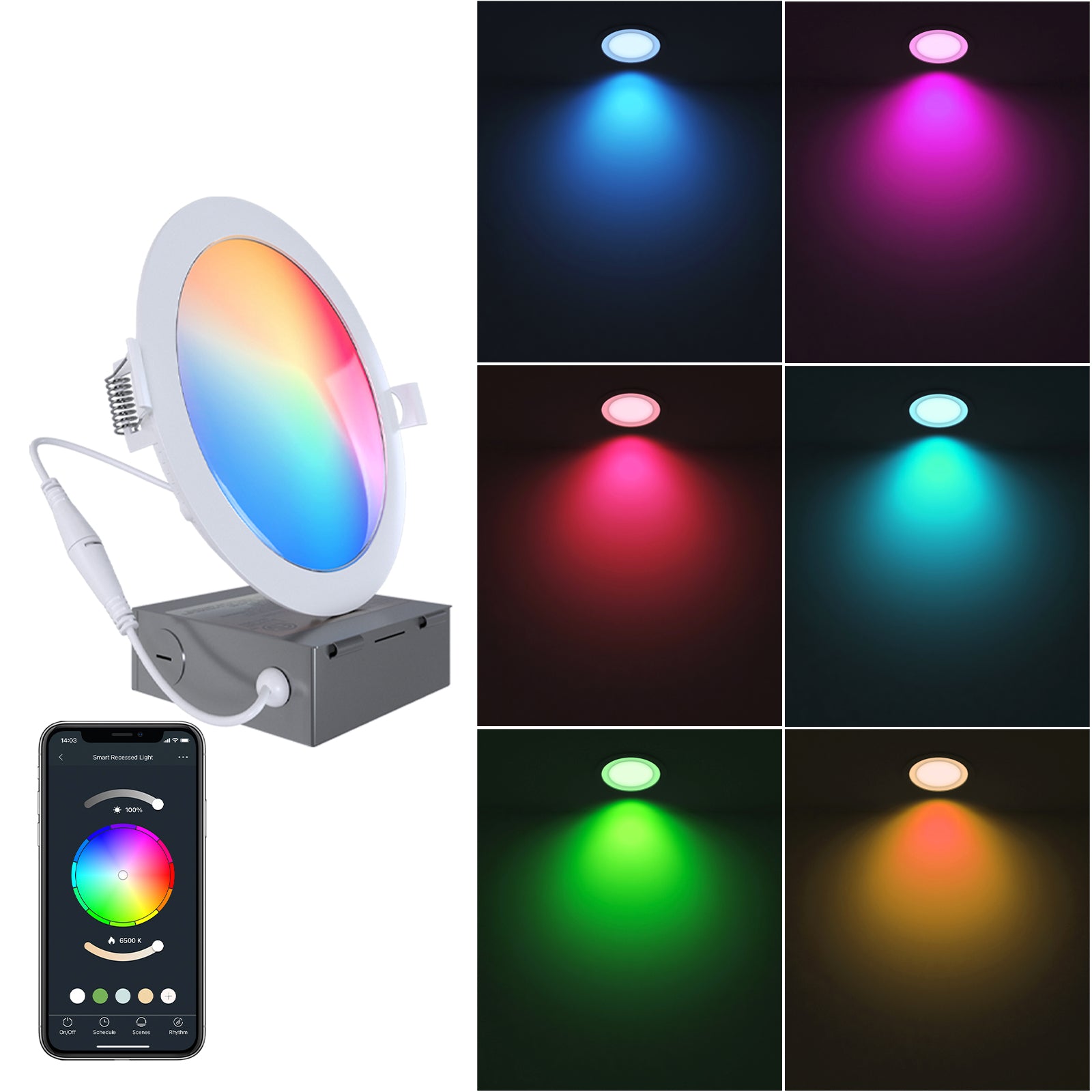 Smart Recessed Lighting LED 6 inch Ultra-Thin Color Changing with Junction Box 12W 1100LM