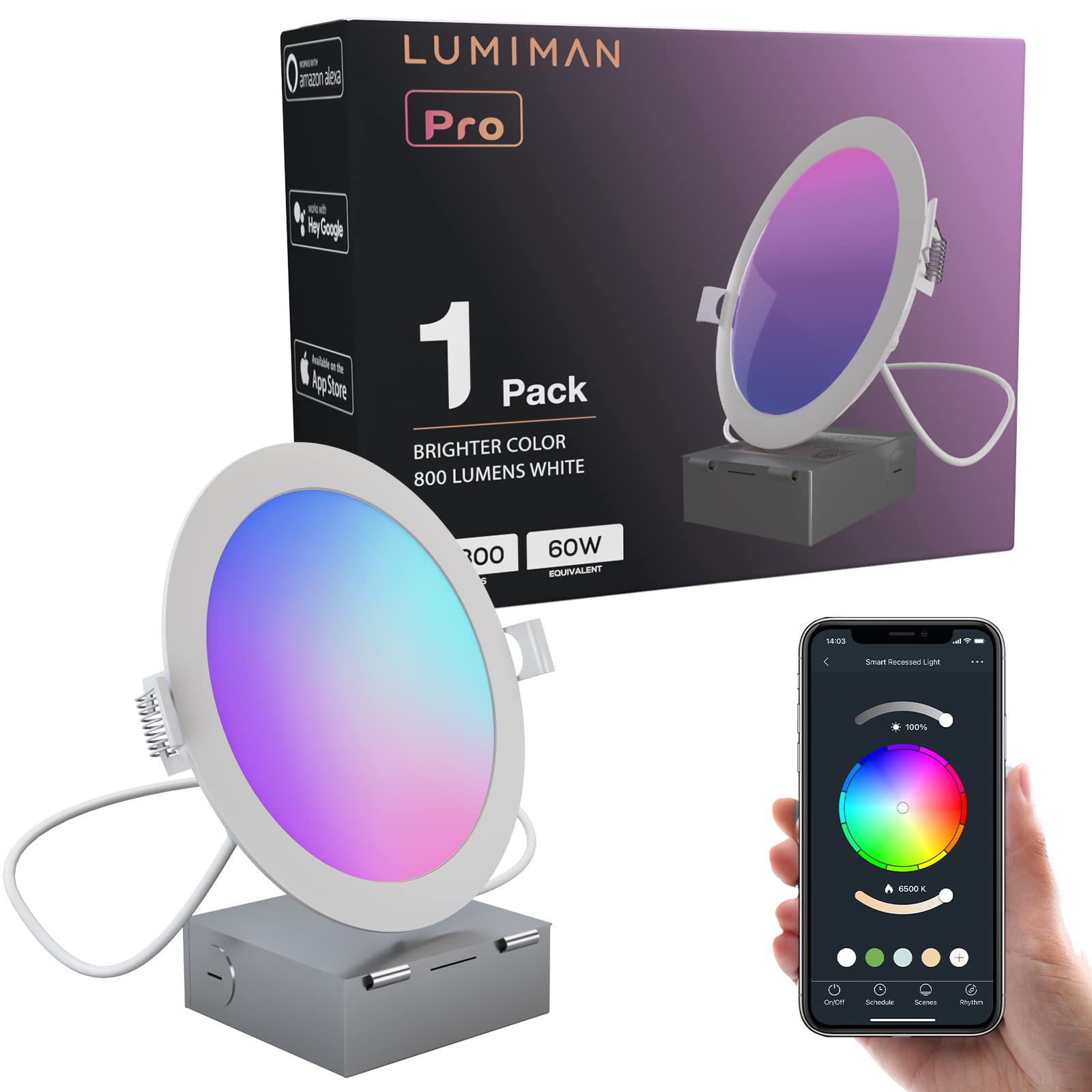 Smart Recessed Lighting LED 6 inch Ultra-Thin Color Changing with Junction Box 12W 1100LM