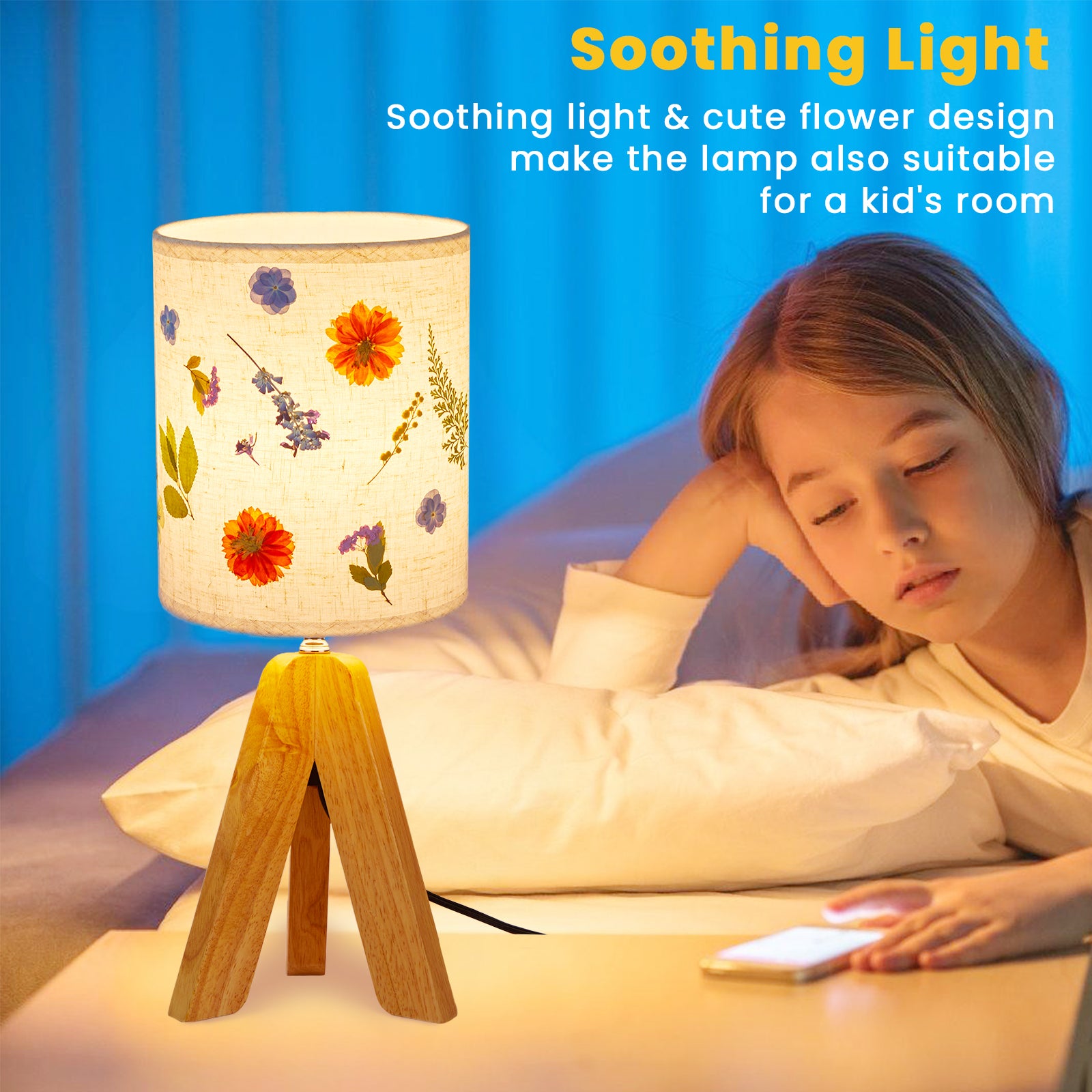 LUMIMAN Small Bedside Tripod Table Lamp, Pressed Flower Small Nightstand Lamp with Wood Base