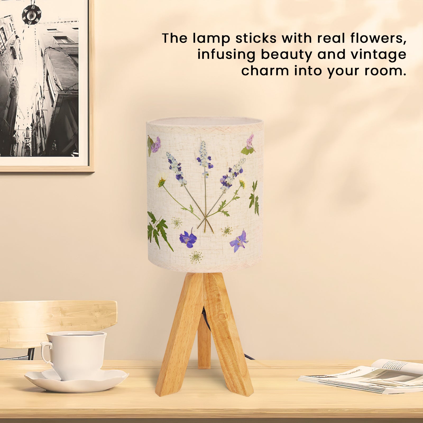 LUMIMAN Small Bedside Tripod Table Lamp, Pressed Flower Small Nightstand Lamp with Wood Base