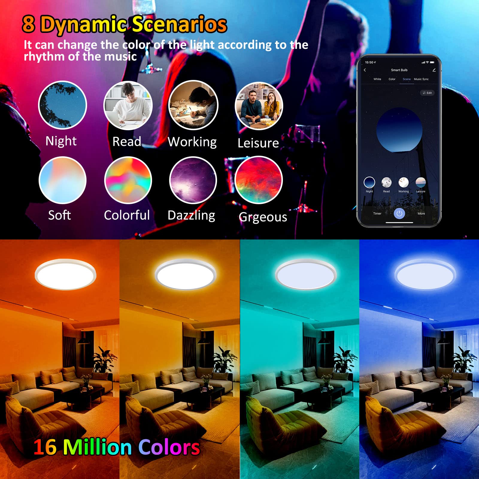 LUMIMAN Smart Led Ceiling Light Flush Mount RGB Ambient Light at back