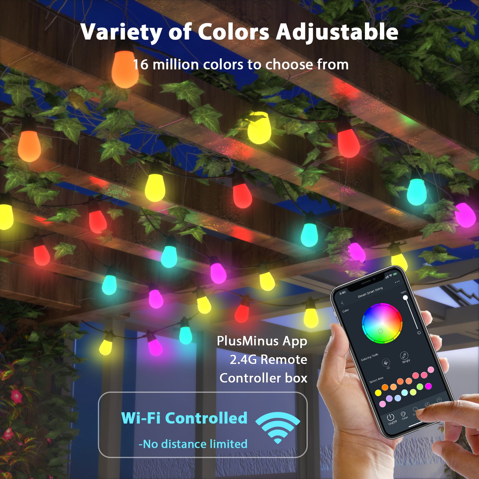 LUMIMAN Outdoor Lights for Christmas Decoration, Waterproof 48ft with 15 RGBIC LED Bulbs-LUMIMAN