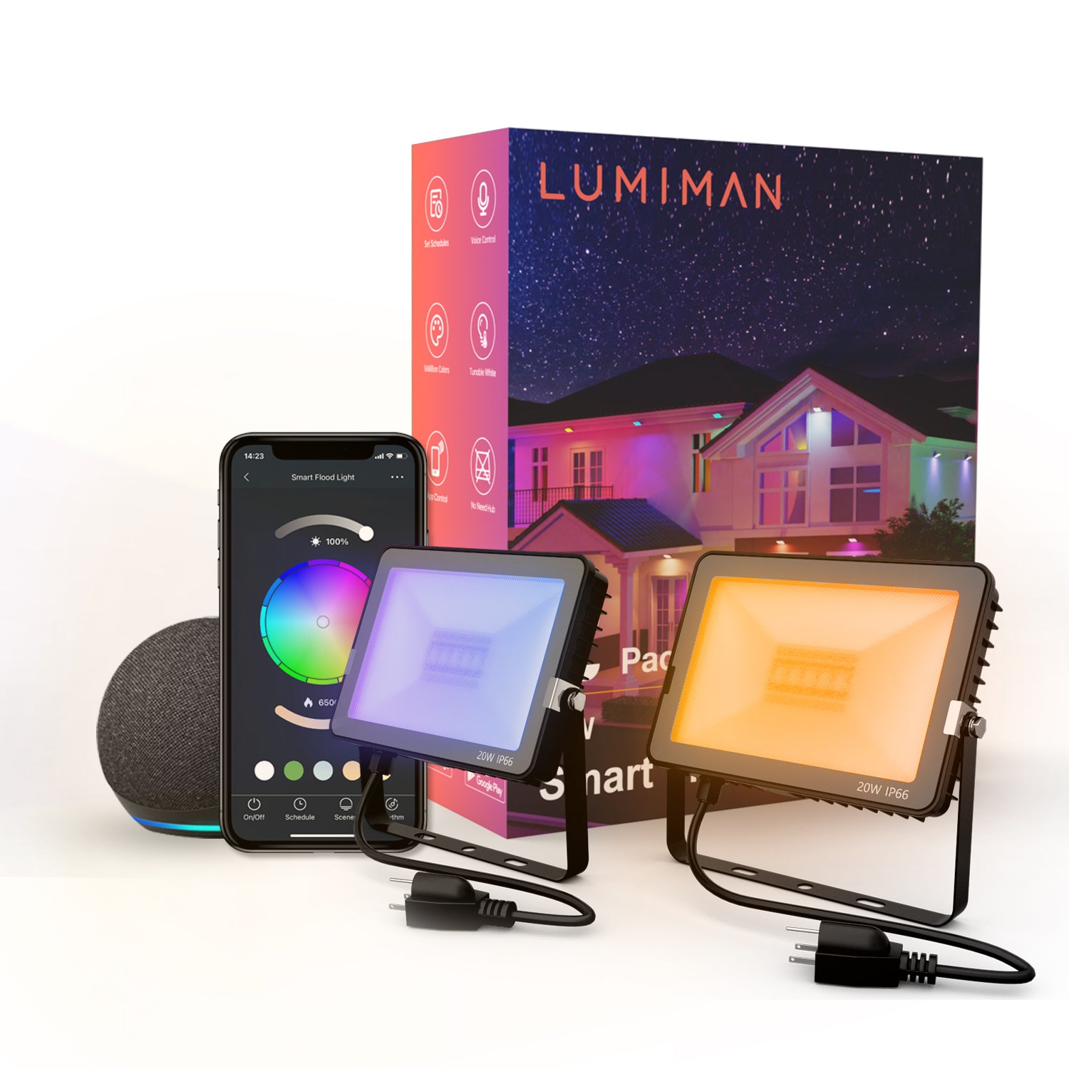 LUMIMAN RGB LED Flood Lights, IP66 Indoor Outdoor Uplights for Events, Uplighting for Halloween Christmas, Party, Wall Wash, Landscape,Smart Wi-Fi and Bluetooth Control Stage LED Lights, 20W 1800LM, Color Changing , Warm to Cool White (2 Pack)-LUMIMAN