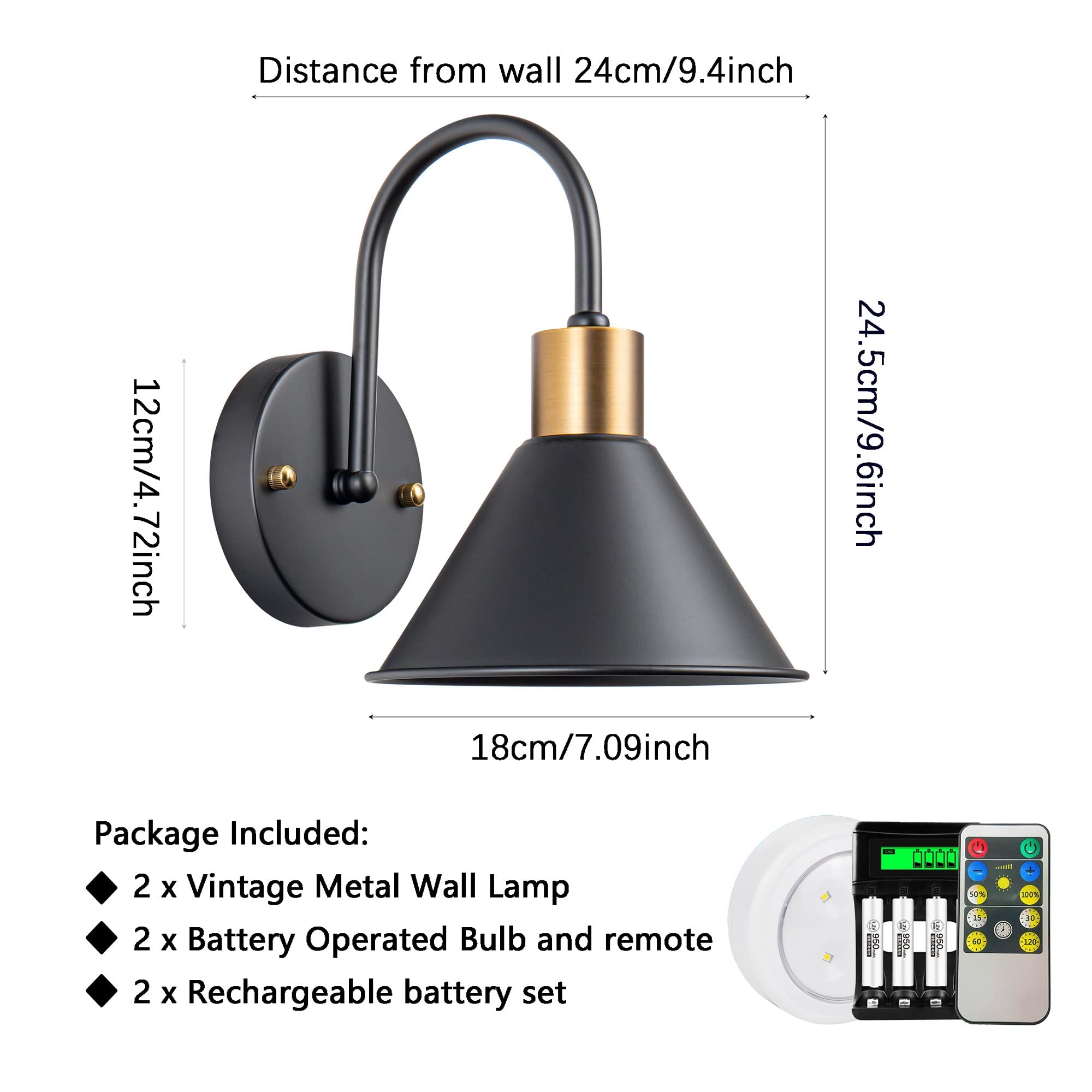 Vintage Battery Operated Wall Sconces Set of 2, Black  Barn Light,  2700K warm white only, 1 Pack