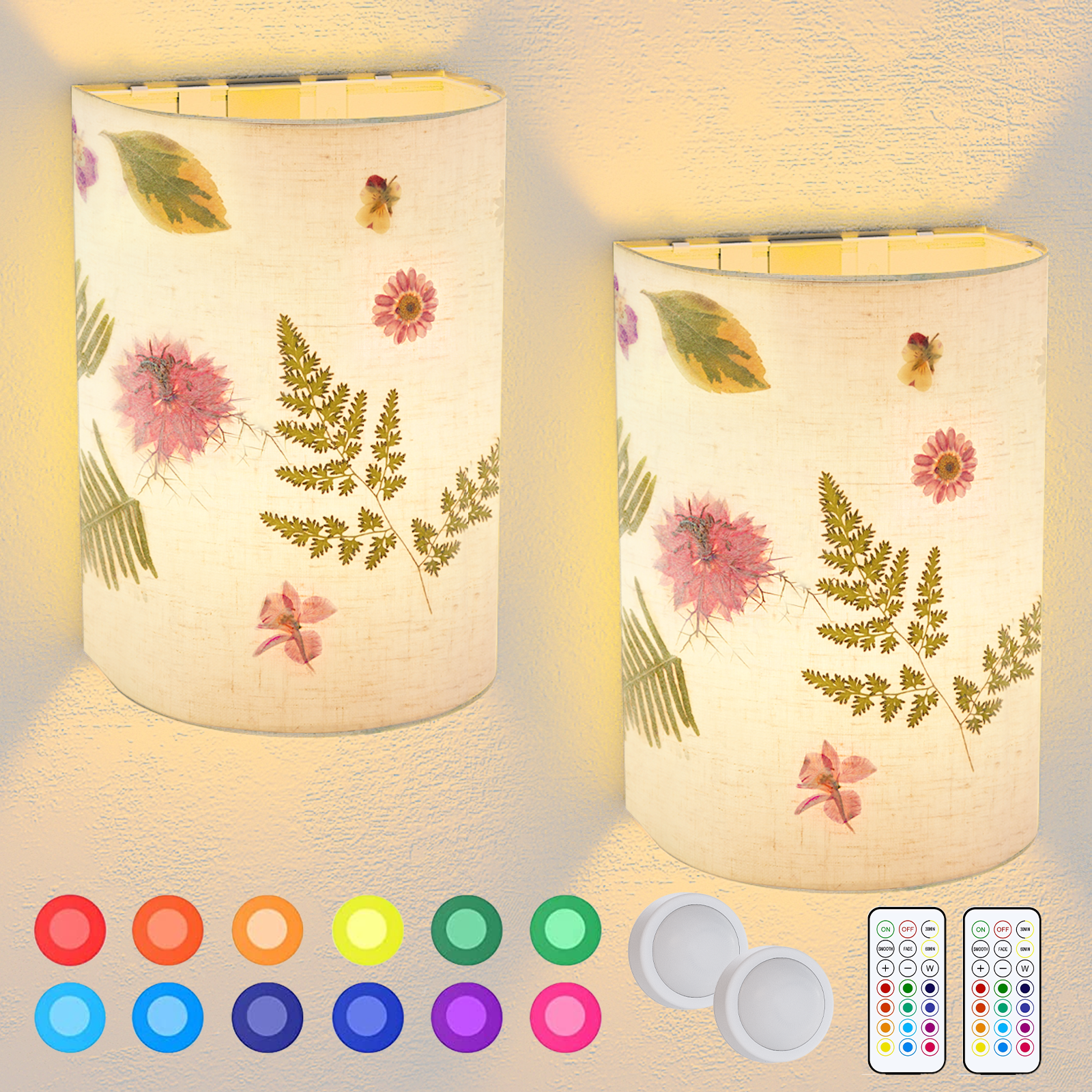Battery Operated Wall Sconces Set of Two, Rechargeable Magnetic Wireless Sconces Linen Fabric Wall Lighting,
