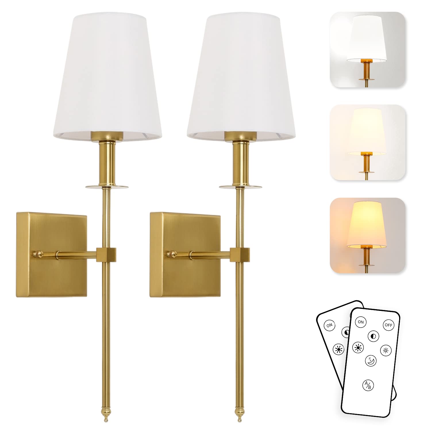 Wall Lights Battery Operated Wall Sconce Set Of Two, Non Hardwired Fixture, with Remote Control Dimmable Light Bulb, 2 Pack